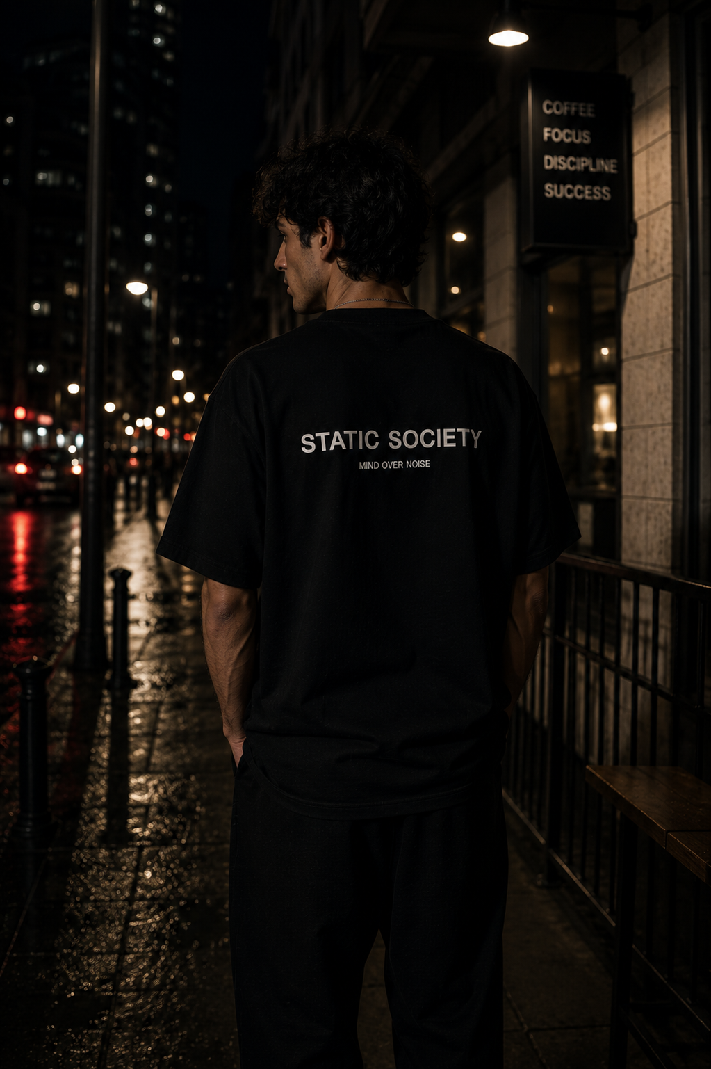 Static Society — Thoughts collection, back print tee on night street
