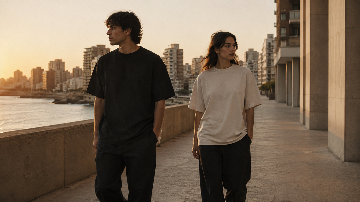 Static Society Collection 001 campaign, two figures walking the Beirut corniche at dusk
